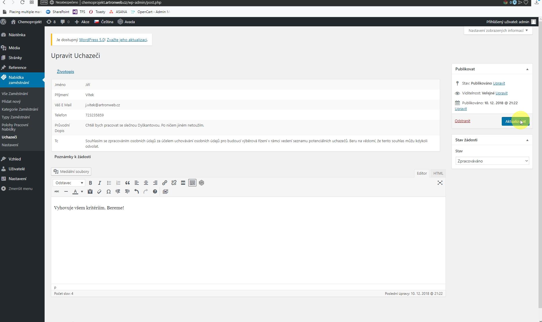 Detail poptávky Po změne informací je potřeba kliknout na tlačítko Aktualizovat.